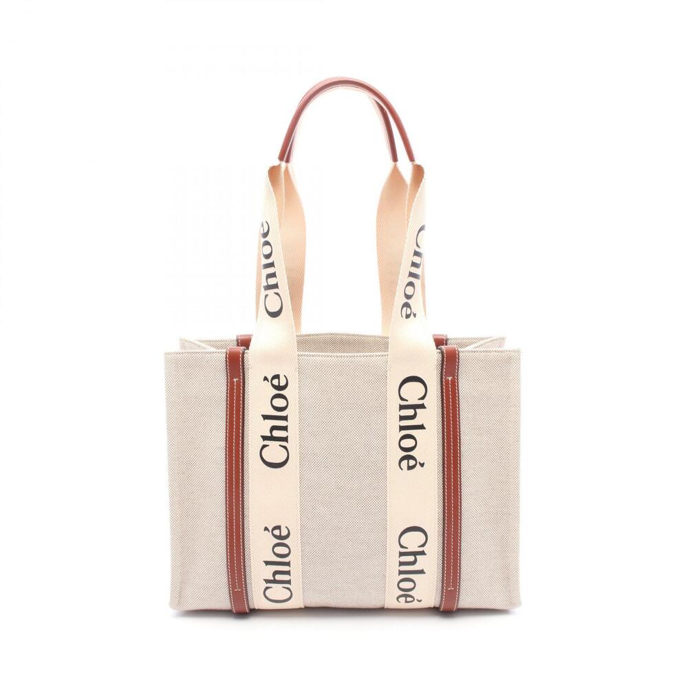Chloe Woody Tote Bag Canvas Leather Beige Brown